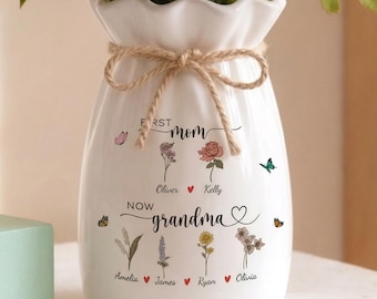 Jarrón de cerámica personalizado "Primera mamá, ahora abuela", jarrón para flores del mes de nacimiento, jarrón para el jardín de la abuela, regalo de cumpleaños para mamá o abuela, regalo del Día de la Madre.