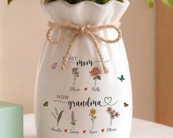 Jarrón de cerámica personalizado "Primera mamá, ahora abuela", jarrón para flores del mes de nacimiento, jarrón para el jardín de la abuela, regalo de cumpleaños para mamá o abuela, regalo del Día de la Madre.