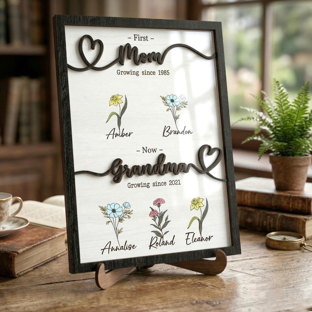 Personalized First Mom Now Grandma Birth Flower Wooden Sign Plaque ...