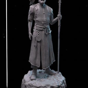 Può includere: Statua grigia dettagliata di un uomo barbuto con una benda sull'occhio, che tiene un bastone e con un uccello sulla spalla. La figura è su una base rocciosa con simboli scolpiti. La statua è su sfondo nero.