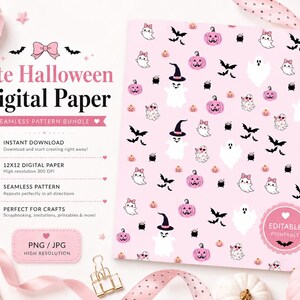 Może przedstawiać: Zestaw papieru cyfrowego z bezszwowym wzorem różowych dyń, białych duchów, czarnych nietoperzy i małych kociołków na jasnoróżowym tle. Tekst zawiera napisy Cute Halloween Digital Paper, Seamless Pattern Bundle oraz Editable Printable.
