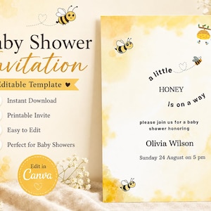 May include: A rectangular baby shower invitation template featuring yellow watercolour accents and cartoon bees. The text reads: a little HONEY is on a way, please join us for a baby shower honouring Olivia Wilson, Sunday 24 August on 5 pm.