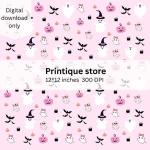 Könnte beinhalten: Ein sich wiederholendes Muster auf hellrosa Hintergrund mit weißen Geistern, rosa Kürbissen, schwarzen Fledermäusen und kleinen schwarzen Kesseln. Der Text lautet: Digital download only, Printique store, 12*12 inches 300 DPI.