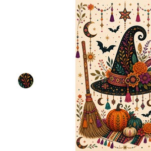 May include: A decorative illustration featuring a black witch hat adorned with colorful floral patterns, a straw broom, three pumpkins, a lit candle, and hanging celestial elements including moons, stars, and tassels on a cream background.