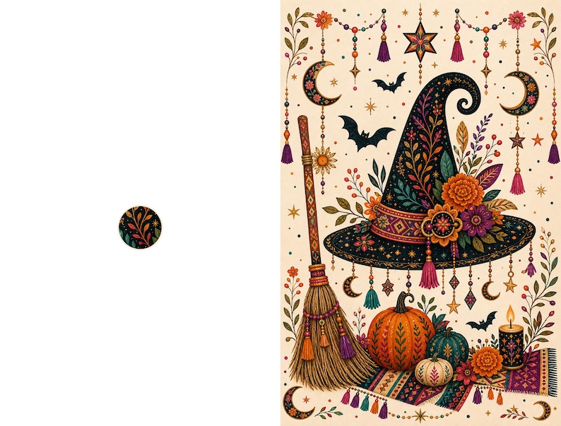 May include: A decorative illustration featuring a black witch hat adorned with colorful floral patterns, a straw broom, three pumpkins, a lit candle, and hanging celestial elements including moons, stars, and tassels on a cream background.
