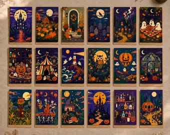 May include: A collection of eighteen rectangular greeting cards featuring various Halloween-themed illustrations, including haunted houses, pumpkins, skeletons, ghosts, owls, and magical scenes, arranged in a grid on a neutral fabric surface.