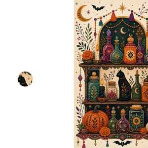 May include: A vertical illustration featuring three wooden shelves filled with various glass apothecary bottles, jars, a black cat, pumpkins, candles, and floral motifs. The scene is decorated with crescent moons, stars, and bats in a warm color palette.
