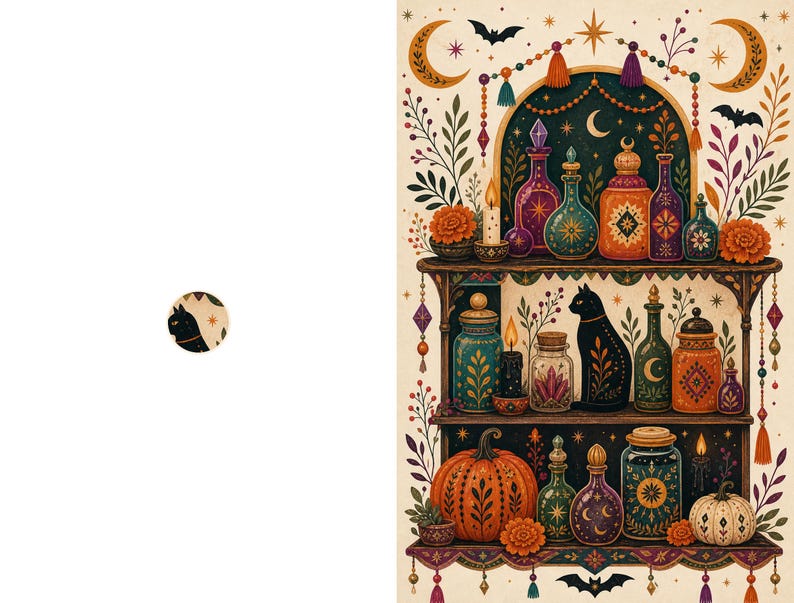 May include: A vertical illustration featuring three wooden shelves filled with various glass apothecary bottles, jars, a black cat, pumpkins, candles, and floral motifs. The scene is decorated with crescent moons, stars, and bats in a warm color palette.