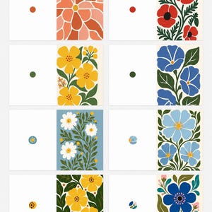 May include: A set of eight rectangular cards featuring floral illustrations. Each card displays a unique botanical design with vibrant colors including red, yellow, blue, and orange flowers, paired with green foliage on a white background.