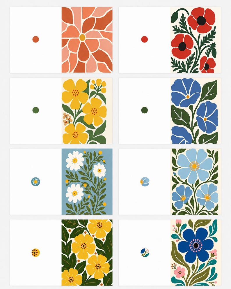 May include: A set of eight rectangular cards featuring floral illustrations. Each card displays a unique botanical design with vibrant colors including red, yellow, blue, and orange flowers, paired with green foliage on a white background.
