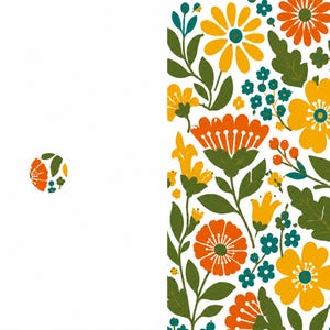 May include: A rectangular surface featuring a dense floral pattern with yellow, orange, and teal flowers on a white background, accompanied by a small circular icon to the left that displays a miniature version of the same floral design.
