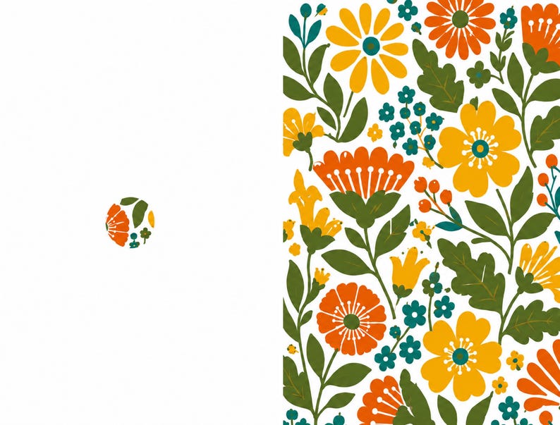 May include: A rectangular surface featuring a dense floral pattern with yellow, orange, and teal flowers on a white background, accompanied by a small circular icon to the left that displays a miniature version of the same floral design.