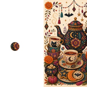 May include: A decorative illustration featuring a dark blue teapot with floral patterns, a stack of teacups with a black cat, a teacup with a moon design, a small cauldron with cookies, two pumpkins, and star-shaped and crescent moon-shaped cookies.