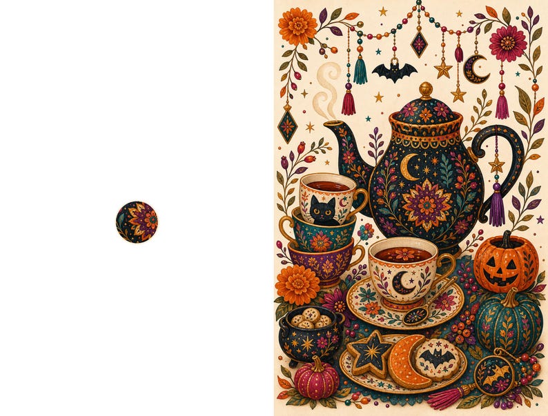 May include: A decorative illustration featuring a dark blue teapot with floral patterns, a stack of teacups with a black cat, a teacup with a moon design, a small cauldron with cookies, two pumpkins, and star-shaped and crescent moon-shaped cookies.