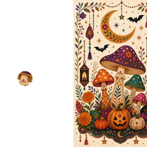 May include: A rectangular print featuring a central cluster of colorful mushrooms and pumpkins surrounded by hanging lanterns, bats, and a crescent moon. The design includes floral motifs, stars, and tassels in shades of orange, purple, and green.