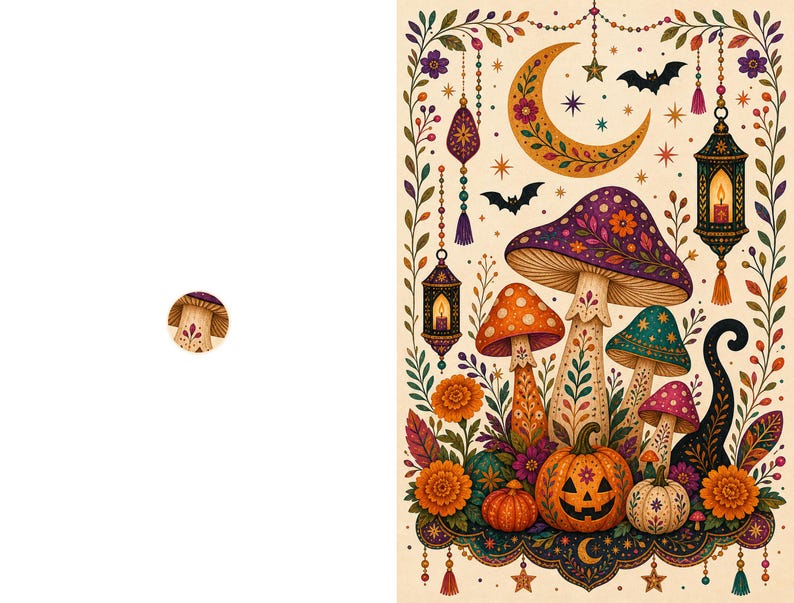 May include: A rectangular print featuring a central cluster of colorful mushrooms and pumpkins surrounded by hanging lanterns, bats, and a crescent moon. The design includes floral motifs, stars, and tassels in shades of orange, purple, and green.