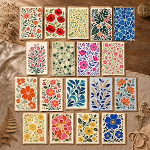 Juego de 18 tarjetas de felicitación modernas con diseño botánico floral, interior en blanco, sobres Kraft.