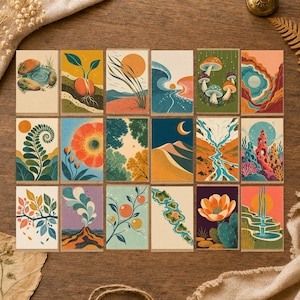 Peut inclure: Une collection de dix-huit cartes rectangulaires présentant diverses illustrations sur le thème de la nature, incluant des paysages, de la flore, des champignons, des corps célestes et des formations géologiques, disposées en grille.