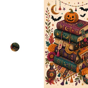 May include: A vertical illustration featuring a stack of five ornate, colorful books topped with a carved jack-o'-lantern. The scene includes hanging garlands, bats, crescent moons, stars, floral arrangements, a small glass bottle, and a lit candle.