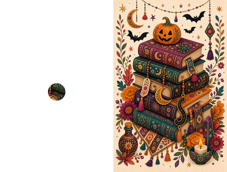 May include: A vertical illustration featuring a stack of five ornate, colorful books topped with a carved jack-o'-lantern. The scene includes hanging garlands, bats, crescent moons, stars, floral arrangements, a small glass bottle, and a lit candle.