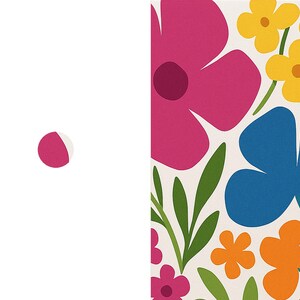 May include: A rectangular print featuring a floral pattern on a cream background. The design includes large magenta, blue, and orange flowers, smaller yellow blossoms, and green leaves. A small circular icon with a magenta half-circle is visible.