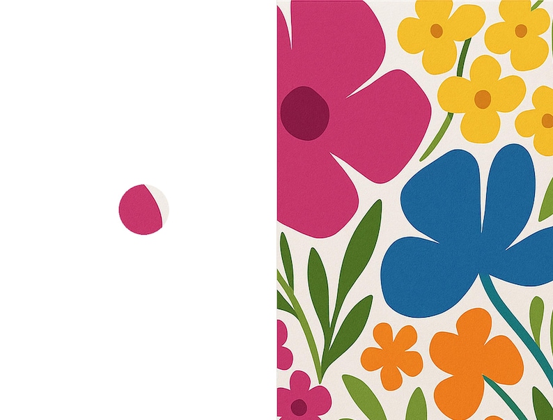May include: A rectangular print featuring a floral pattern on a cream background. The design includes large magenta, blue, and orange flowers, smaller yellow blossoms, and green leaves. A small circular icon with a magenta half-circle is visible.