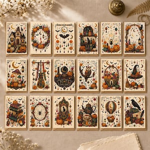 May include: A collection of eighteen rectangular greeting cards featuring detailed, colorful illustrations of Halloween themes including pumpkins, black cats, owls, witches' hats, spiders, and celestial motifs arranged in a grid on a light background.