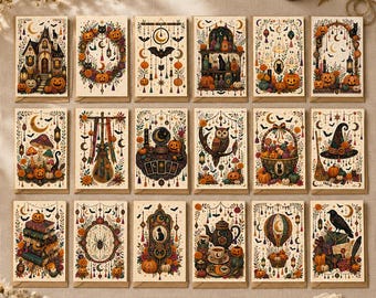 May include: A collection of eighteen rectangular greeting cards featuring detailed, colorful illustrations of Halloween themes including pumpkins, black cats, owls, witches' hats, spiders, and celestial motifs arranged in a grid on a light background.