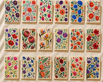 Bohemian Botanical Floral Blank Note Cards (Set of 18), Hand-Crafted Art, Kraft Envelopes