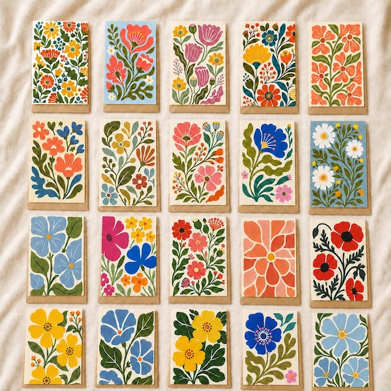 Bold Botanical Floral All Occasion Greeting Cards, Set of 20, Kraft Envelopes