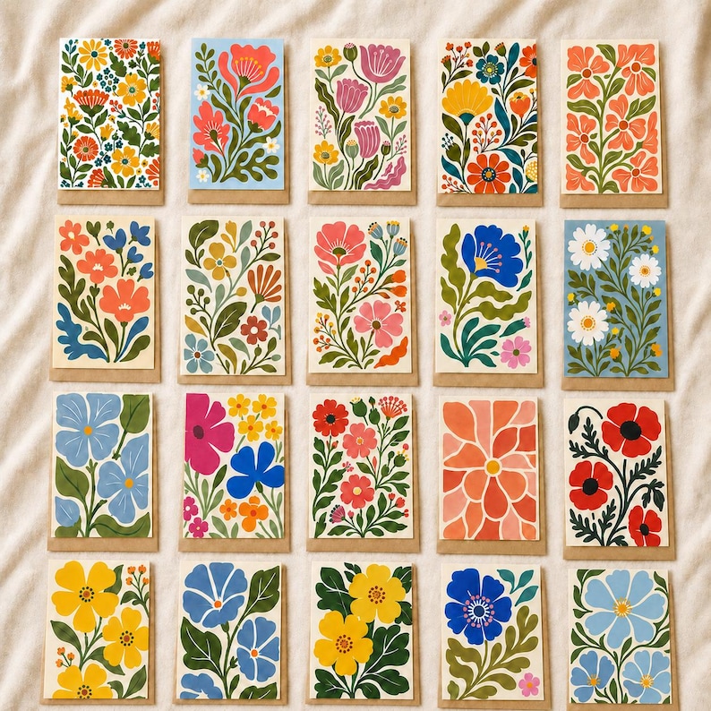 May include: A collection of twenty rectangular greeting cards arranged in a grid, each featuring a unique botanical illustration of flowers and leaves in vibrant colors including red, yellow, blue, pink, and green on a cream-colored background.