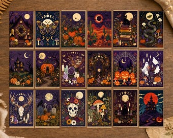 May include: A collection of eighteen rectangular cards featuring dark, mystical illustrations with themes of pumpkins, skulls, moons, ghosts, cats, and nature. Each card displays a unique, detailed scene in a rich color palette of purple, orange, and black.