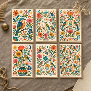 Set mit 6 Grußkarten im Midcentury-Stil mit botanischen und Vogelmotiven, innen unbedruckt, inklusive Kraftpapier-Umschlägen