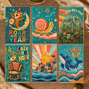 Peut inclure: Six cartes de vœux rectangulaires avec des illustrations colorées : un tigre sur une lune avec le texte ROAR INTO YOUR YEAR, un escargot sur des patins, une serre avec le texte GROW WILD TODAY, un musicien avec le texte MAKE SOME NOISE, un soleil sur une ville et une baleine avec le texte WISH BIG.