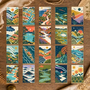 Puede incluir: Una colección de veinte tarjetas de felicitación rectangulares dispuestas en una cuadrícula, cada una con una ilustración de paisaje colorida y única con representaciones estilizadas de montañas, ríos, bosques, soles y cielos estrellados.