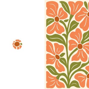 May include: A rectangular print featuring a repeating pattern of peach-colored flowers with dark orange centers and olive green leaves on a cream background, accompanied by a small circular icon displaying a single matching flower design.