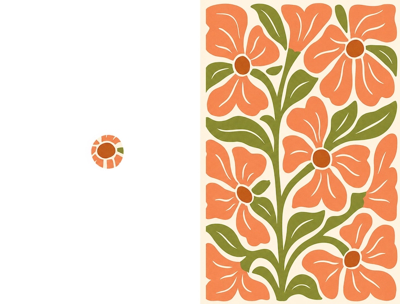 May include: A rectangular print featuring a repeating pattern of peach-colored flowers with dark orange centers and olive green leaves on a cream background, accompanied by a small circular icon displaying a single matching flower design.