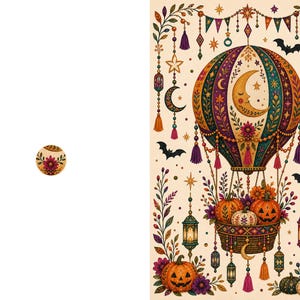 May include: A vertical illustration featuring a hot air balloon with a crescent moon face, surrounded by hanging lanterns, stars, and bats. The basket contains pumpkins, and additional pumpkins and floral vines are arranged at the bottom.
