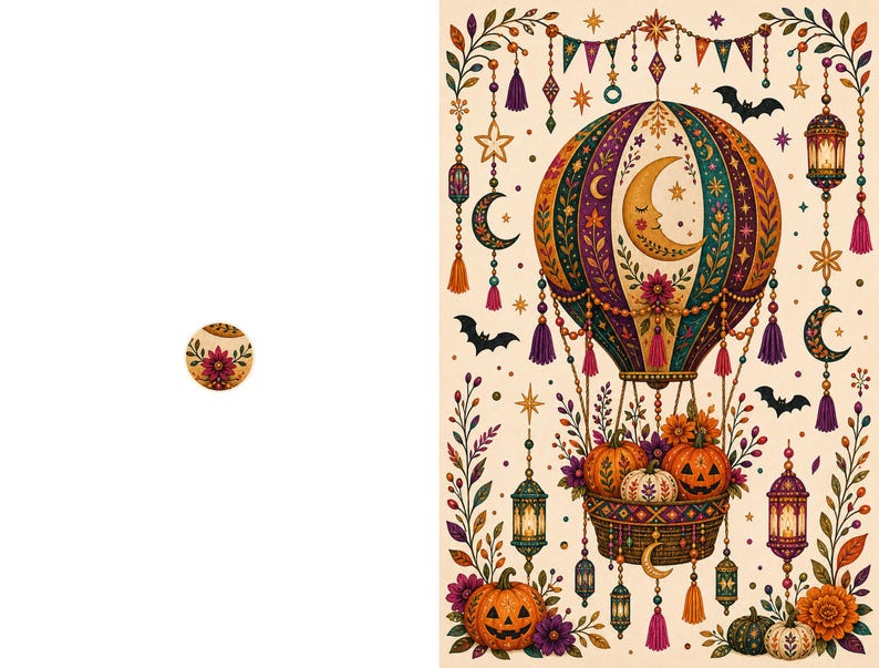 May include: A vertical illustration featuring a hot air balloon with a crescent moon face, surrounded by hanging lanterns, stars, and bats. The basket contains pumpkins, and additional pumpkins and floral vines are arranged at the bottom.
