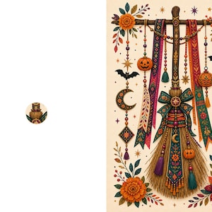 May include: A decorative broomstick illustration featuring hanging ornaments including jack-o'-lanterns, crescent moons, bats, and stars. The broom is adorned with colorful patterned ribbons, tassels, and floral accents in orange, teal, and purple hues.