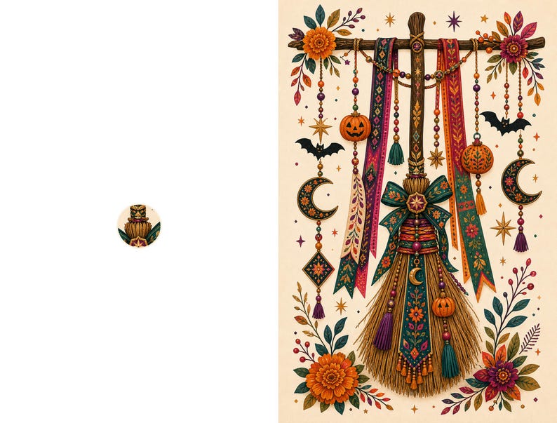 May include: A decorative broomstick illustration featuring hanging ornaments including jack-o'-lanterns, crescent moons, bats, and stars. The broom is adorned with colorful patterned ribbons, tassels, and floral accents in orange, teal, and purple hues.