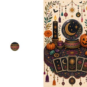 May include: A decorative wall art print featuring a crystal ball, a carved jack-o'-lantern, lit candles, and four tarot cards on a table. The scene is adorned with floral vines, hanging ornaments, stars, and moons in a rich palette of orange, purple, and gold.
