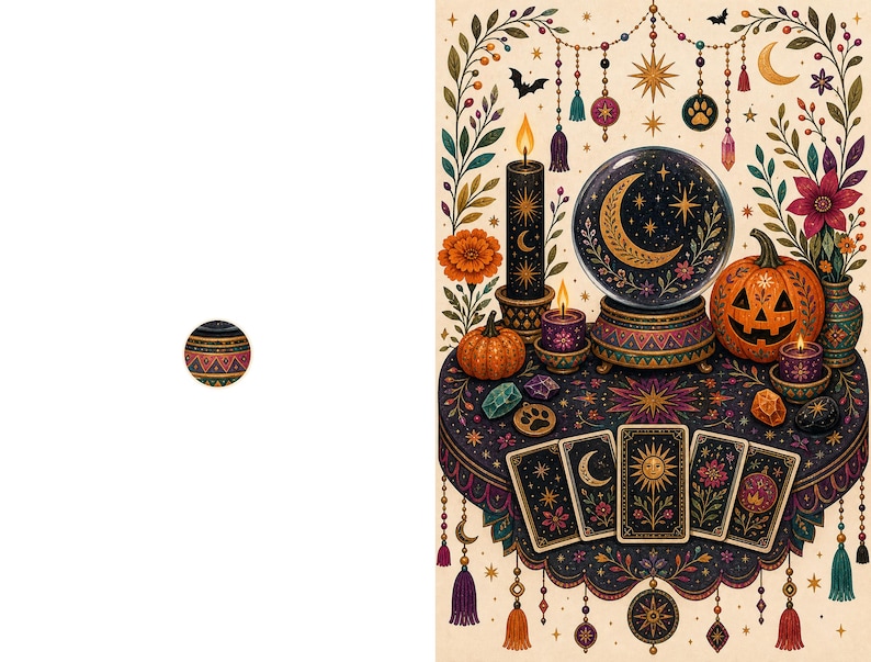 May include: A decorative wall art print featuring a crystal ball, a carved jack-o'-lantern, lit candles, and four tarot cards on a table. The scene is adorned with floral vines, hanging ornaments, stars, and moons in a rich palette of orange, purple, and gold.