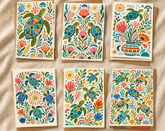 Boho Sea Turtle Greeting Cards, Set of 6, Ocean Stationery, Kraft Envelopes