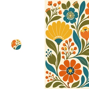 May include: A rectangular print featuring a dense botanical pattern of stylized flowers and leaves in shades of orange, yellow, teal, and olive green on a cream background, accompanied by a small circular icon displaying a matching floral motif.