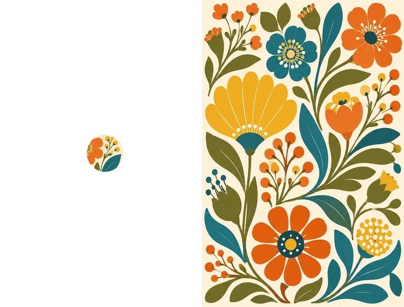 May include: A rectangular print featuring a dense botanical pattern of stylized flowers and leaves in shades of orange, yellow, teal, and olive green on a cream background, accompanied by a small circular icon displaying a matching floral motif.