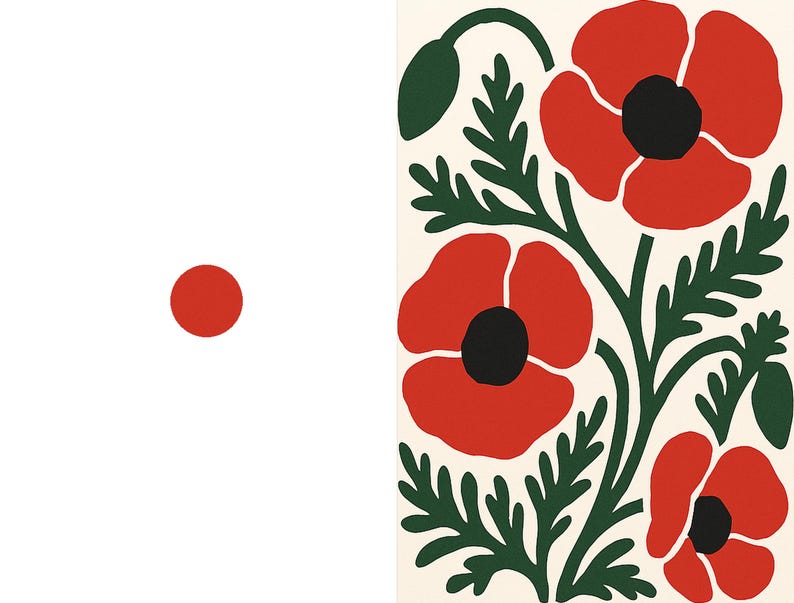 May include: A rectangular print featuring a cream background with three large red poppies, each with a solid black center, and dark green stems and leaves. To the left of the floral illustration, a small, solid red circle is centered on a white field.