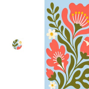 May include: A rectangular print featuring a light blue background with large coral-colored flowers, dark olive green leaves, and small white blossoms with yellow centers. A small circular icon showing a portion of the same floral pattern is included.