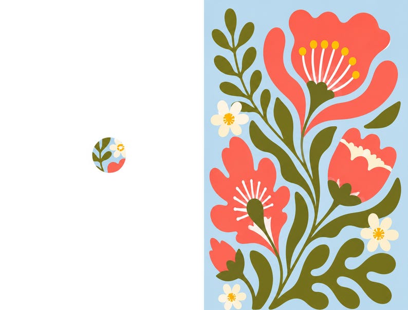 May include: A rectangular print featuring a light blue background with large coral-colored flowers, dark olive green leaves, and small white blossoms with yellow centers. A small circular icon showing a portion of the same floral pattern is included.