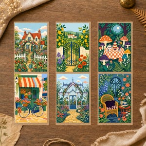 Peut inclure: Un ensemble de six marque-pages rectangulaires présentant des illustrations colorées d'un jardin de cottage, d'un portail de citronniers, d'un goûter dans une forêt de champignons, d'un fleuriste avec un vélo, d'une serre et d'un chat.